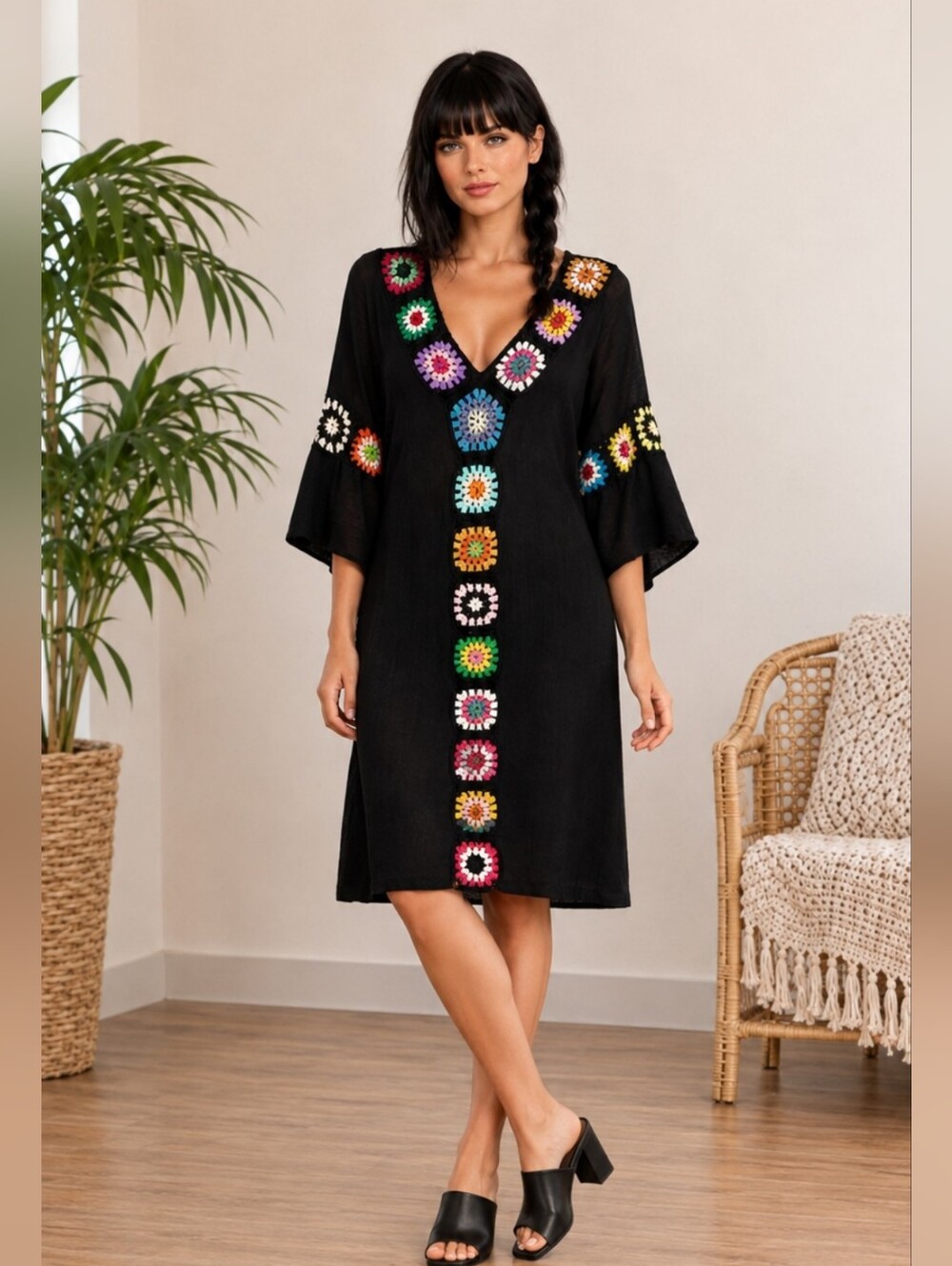 Boho Multicolour Crochet Bell Sleeve Cover-Up Midi